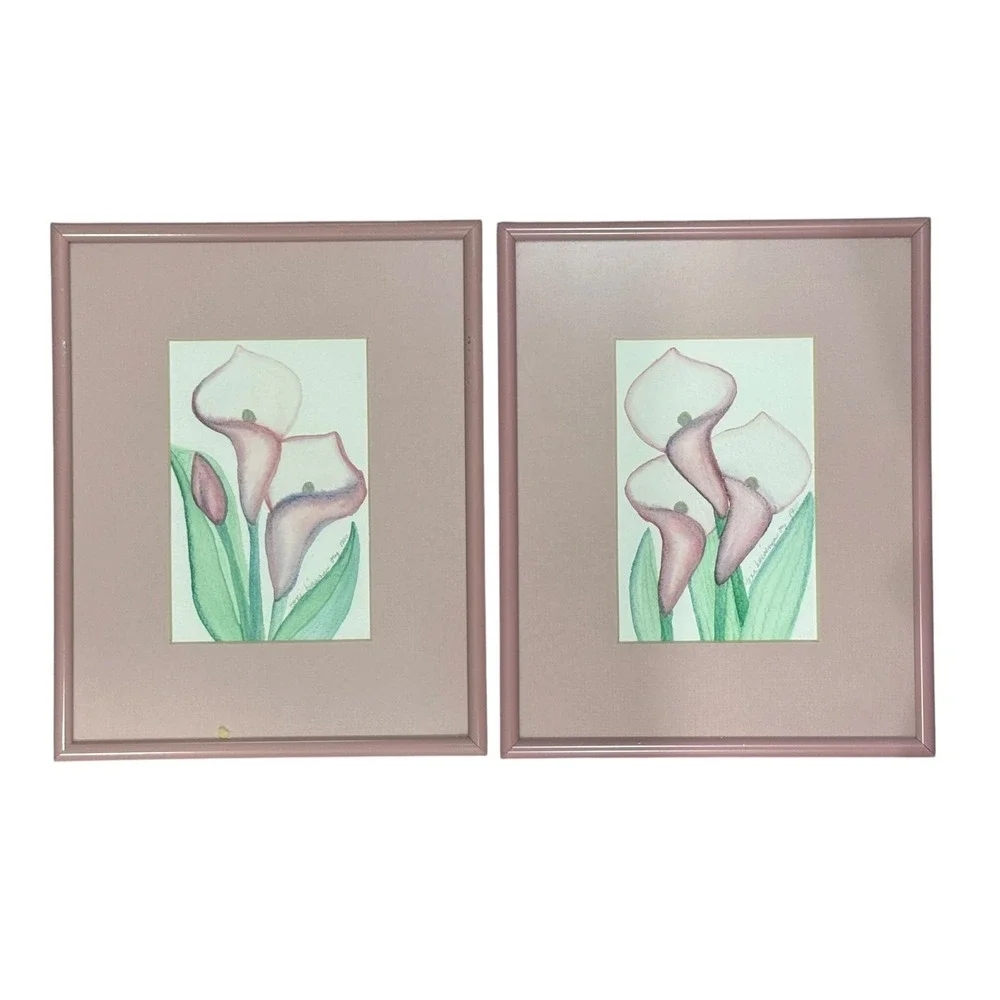 Vintage Toni Biewenga Ory Calla Lily Art Pair Signed 1990 Pink Floral Wall Decor